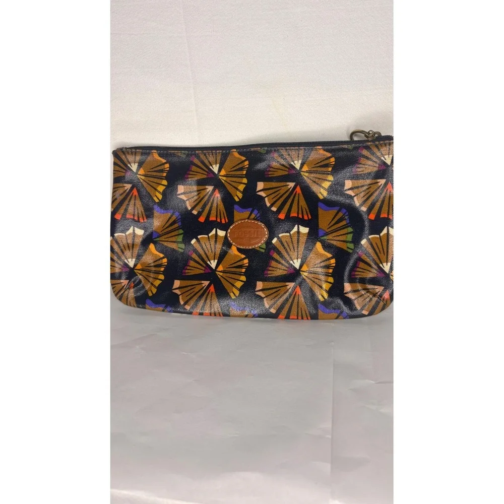 Fossil Pencil Shaving Print Coated Canvas Zipper Pouch Navy Blue Cosmetic Bag
